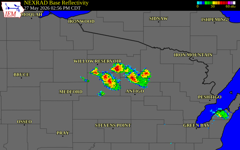 NEXRAD radar during the Wednesday, May 27, 2026 storm activity in Oneida County, Wisconsin