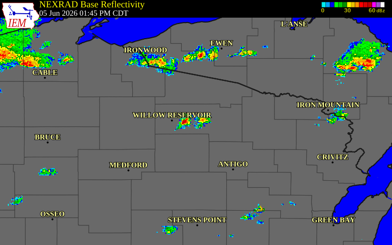 NEXRAD radar during the Friday, June 5, 2026 storm activity in Oneida County, Wisconsin