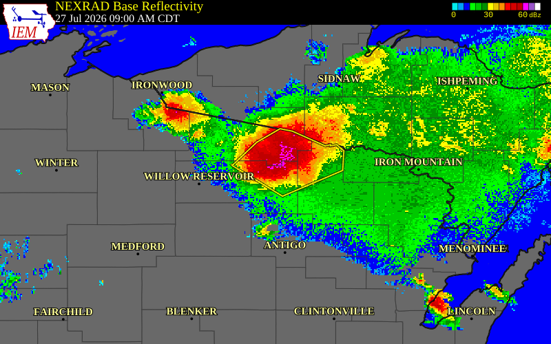 NEXRAD radar during the Monday, July 27, 2026 storm activity in Oneida County, Wisconsin