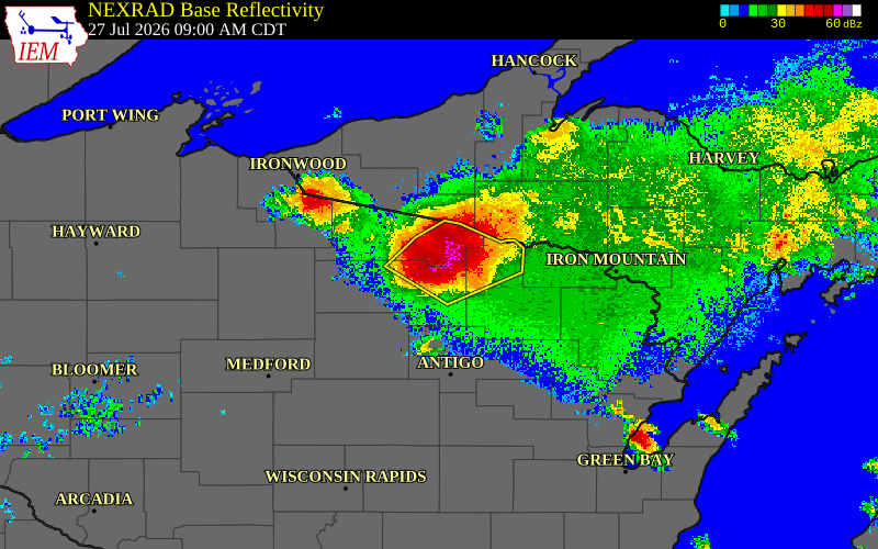 Radar snapshot during the Jul 27, 2026 hail event near 3 SW Clearwater Lake, Oneida County, Wisconsin, with NWS warning polygons