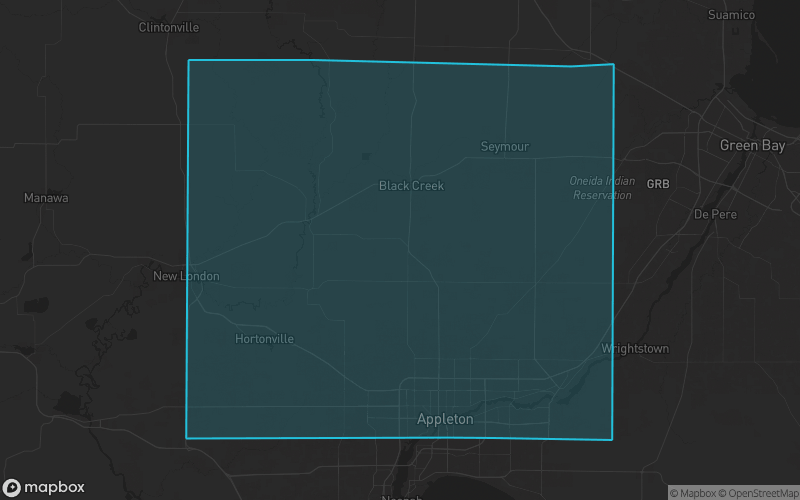 Map of Outagamie County, Wisconsin showing the county boundary and surrounding cities
