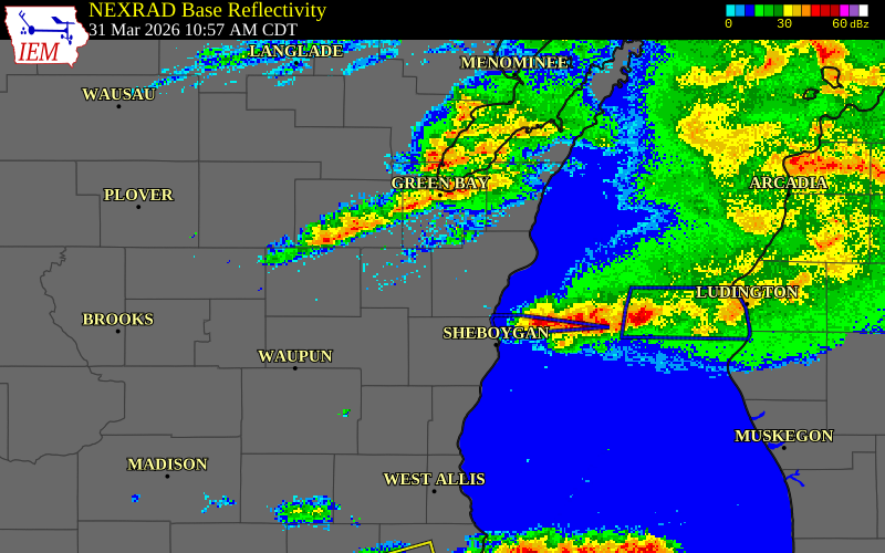 NEXRAD radar during the Tuesday, March 31, 2026 storm activity in Outagamie County, Wisconsin