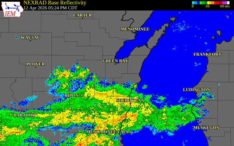 NEXRAD radar during the Sunday, April 12, 2026 storm activity in Outagamie County, Wisconsin
