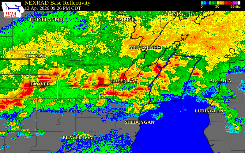NEXRAD radar during the Monday, April 13, 2026 storm activity in Outagamie County, Wisconsin