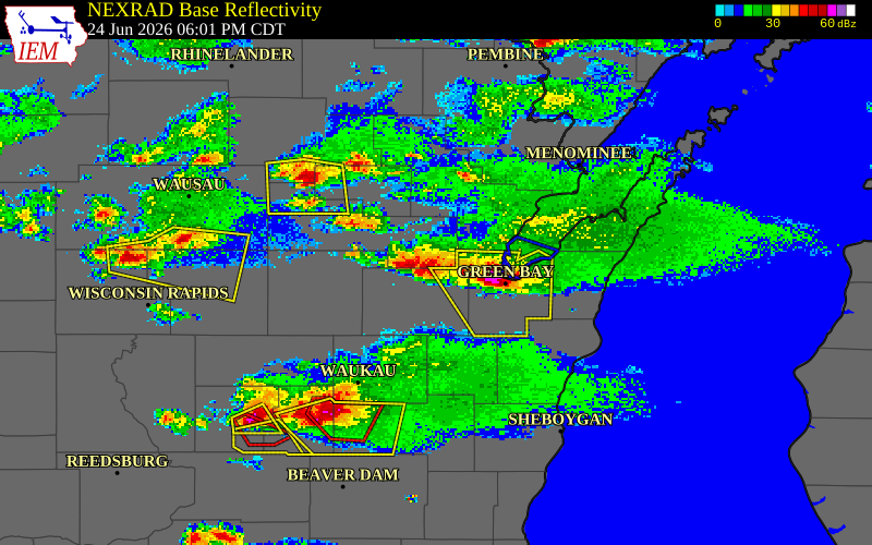 NEXRAD radar during the Wednesday, June 24, 2026 storm activity in Outagamie County, Wisconsin