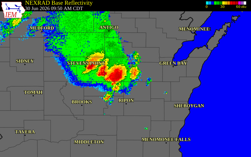 NEXRAD radar during the Tuesday, June 30, 2026 storm activity in Outagamie County, Wisconsin