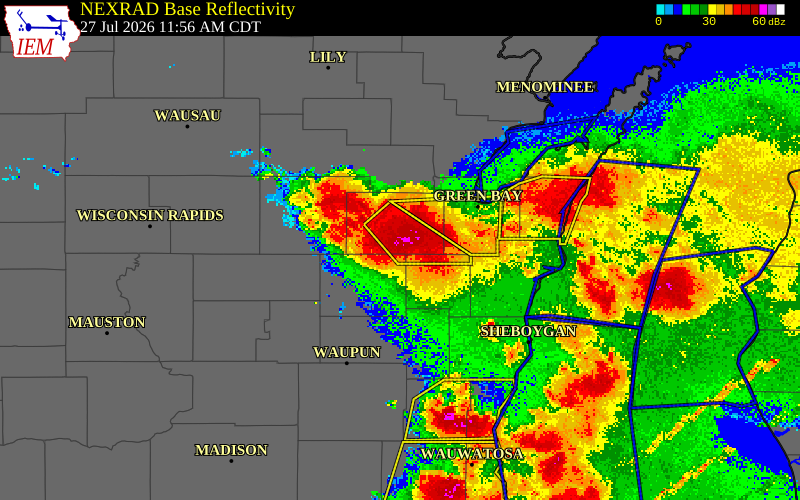 NEXRAD radar during the Monday, July 27, 2026 storm activity in Outagamie County, Wisconsin