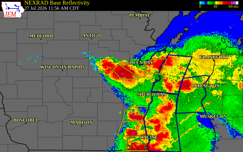 Radar snapshot during the Jul 27, 2026 tornado event near 2 WNW Appleton, Outagamie County, Wisconsin, with NWS warning polygons