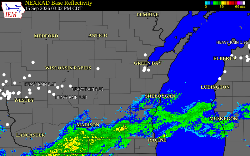 Current NEXRAD radar over Outagamie County, Wisconsin with recent storm report locations