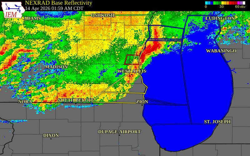 NEXRAD radar during the Tuesday, April 14, 2026 storm activity in Ozaukee County, Wisconsin