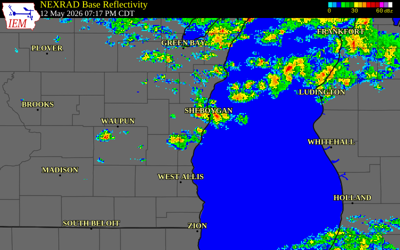 NEXRAD radar during the Tuesday, May 12, 2026 storm activity in Ozaukee County, Wisconsin