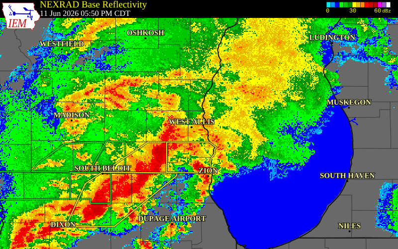 NEXRAD radar during the Thursday, June 11, 2026 storm activity in Ozaukee County, Wisconsin