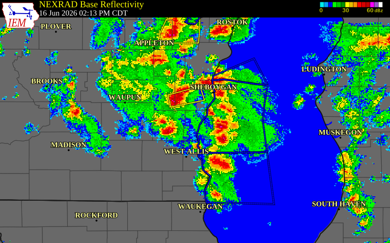 NEXRAD radar during the Tuesday, June 16, 2026 storm activity in Ozaukee County, Wisconsin