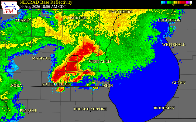 NEXRAD radar during the Sunday, August 9, 2026 storm activity in Ozaukee County, Wisconsin
