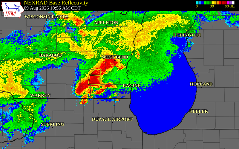 Radar snapshot during the Aug 9, 2026 wind event near Ozaukee County, Ozaukee County, Wisconsin, with NWS warning polygons