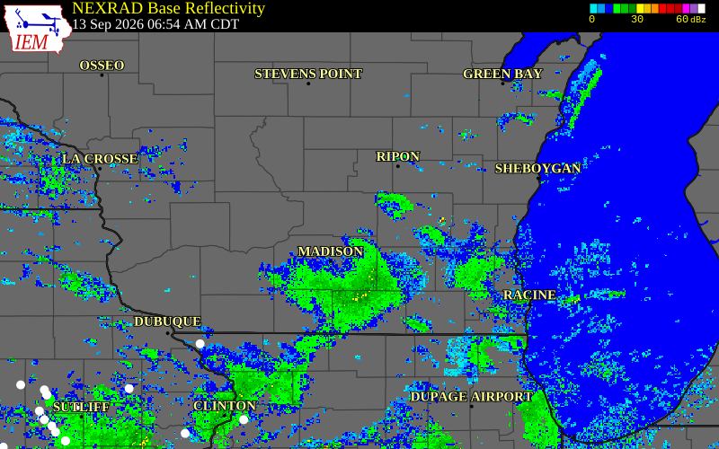 Current NEXRAD radar over Ozaukee County, Wisconsin with recent storm report locations
