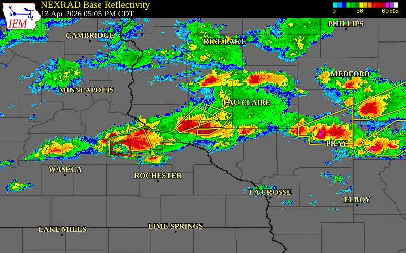 NEXRAD radar during the Monday, April 13, 2026 storm activity in Pepin County, Wisconsin