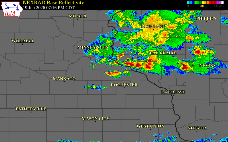 Radar snapshot during the Jun 19, 2026 wind event near Pepin County, Pepin County, Wisconsin, with NWS warning polygons