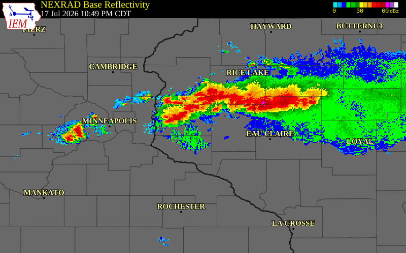 NEXRAD radar during the Friday, July 17, 2026 storm activity in Pierce County, Wisconsin