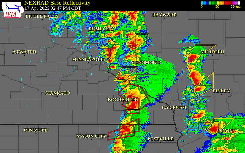 Radar snapshot during the Apr 17, 2026 hail event near 4 NNW Bay City, Pierce County, Wisconsin, with NWS warning polygons