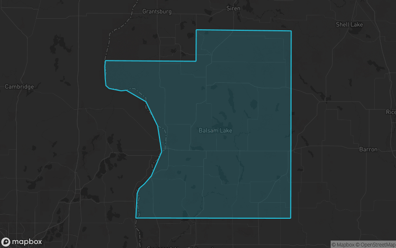 Map of Polk County, Wisconsin showing the county boundary and surrounding cities