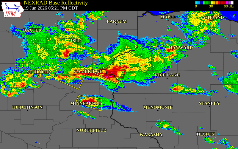 NEXRAD radar during the Friday, June 19, 2026 storm activity in Polk County, Wisconsin