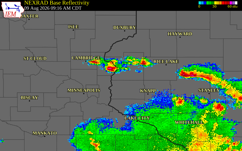 NEXRAD radar during the Sunday, August 9, 2026 storm activity in Polk County, Wisconsin