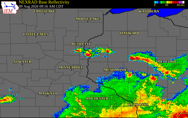 Radar snapshot during the Aug 9, 2026 hail event near Polk County, Polk County, Wisconsin, with NWS warning polygons