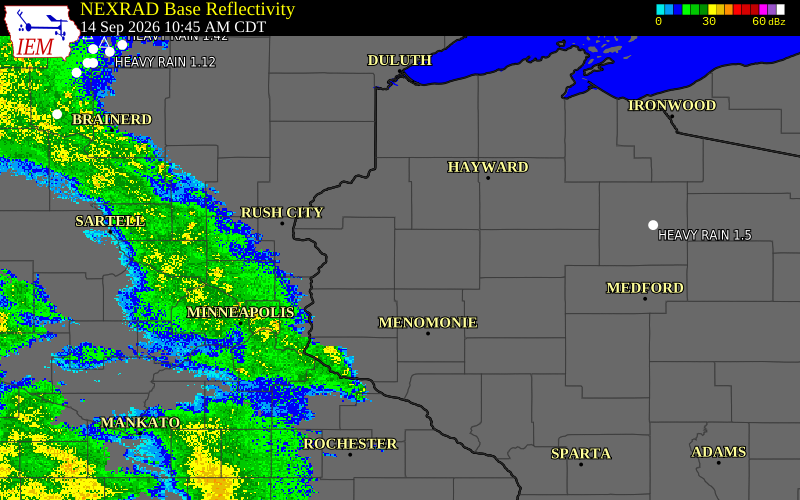 Current NEXRAD radar over Polk County, Wisconsin with recent storm report locations