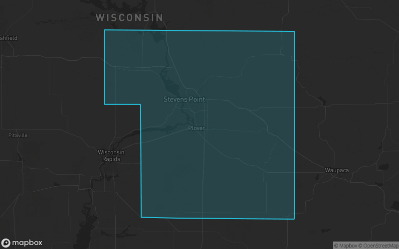 Map of Portage County, Wisconsin showing the county boundary and surrounding cities