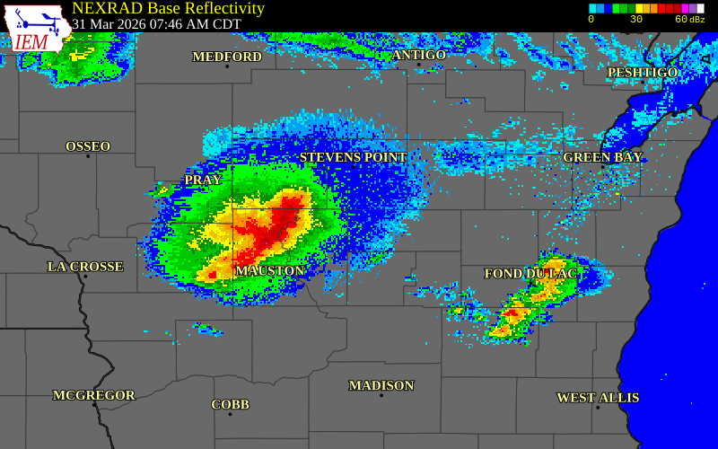 NEXRAD radar during the Tuesday, March 31, 2026 storm activity in Portage County, Wisconsin