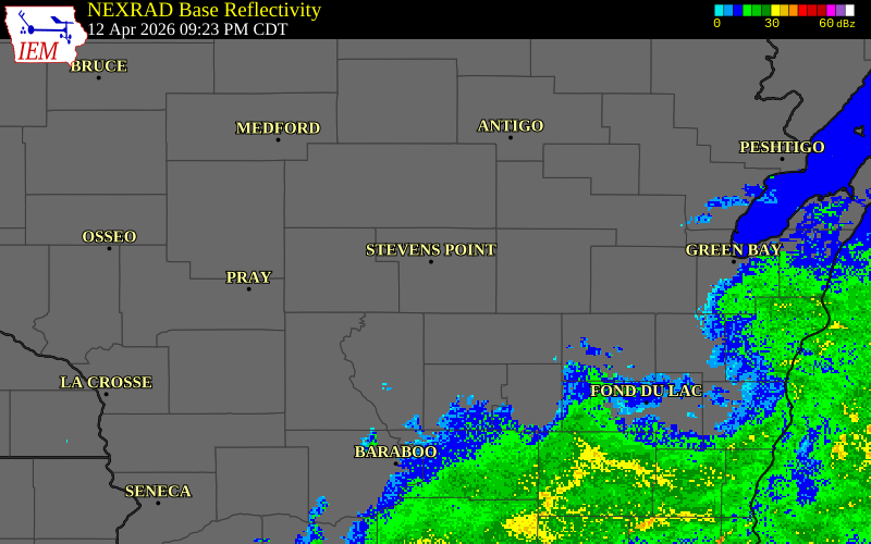 NEXRAD radar during the Sunday, April 12, 2026 storm activity in Portage County, Wisconsin
