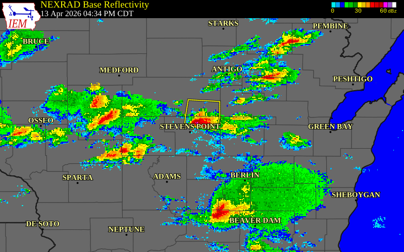 NEXRAD radar during the Monday, April 13, 2026 storm activity in Portage County, Wisconsin