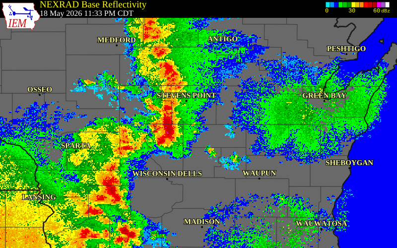 NEXRAD radar during the Monday, May 18, 2026 storm activity in Portage County, Wisconsin