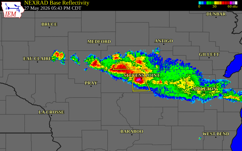 NEXRAD radar during the Wednesday, May 27, 2026 storm activity in Portage County, Wisconsin