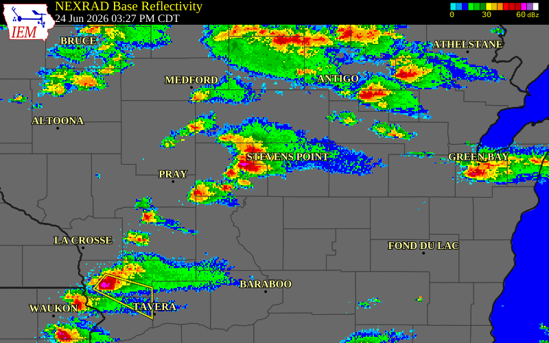 NEXRAD radar during the Wednesday, June 24, 2026 storm activity in Portage County, Wisconsin