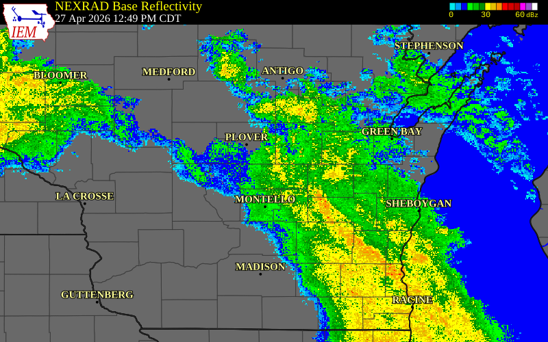 Radar snapshot during the Apr 27, 2026 wind event near Portage County, Portage County, Wisconsin, with NWS warning polygons