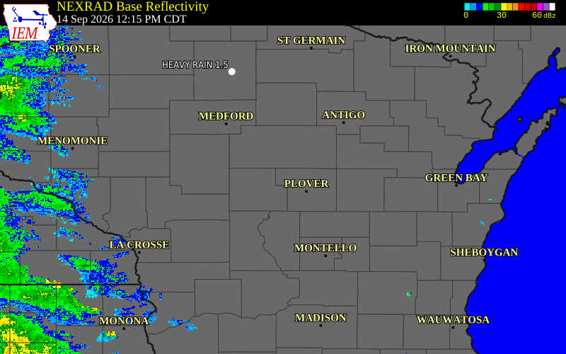 Current NEXRAD radar over Portage County, Wisconsin with recent storm report locations