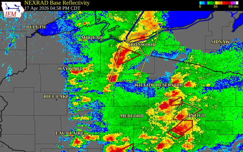 NEXRAD radar during the Friday, April 17, 2026 storm activity in Price County, Wisconsin