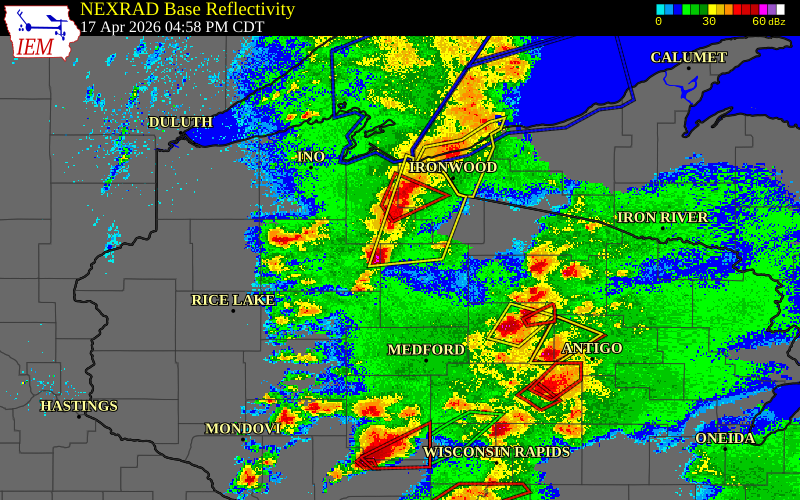 Radar snapshot during the Apr 17, 2026 hail event near 5 W Park Falls, Price County, Wisconsin, with NWS warning polygons