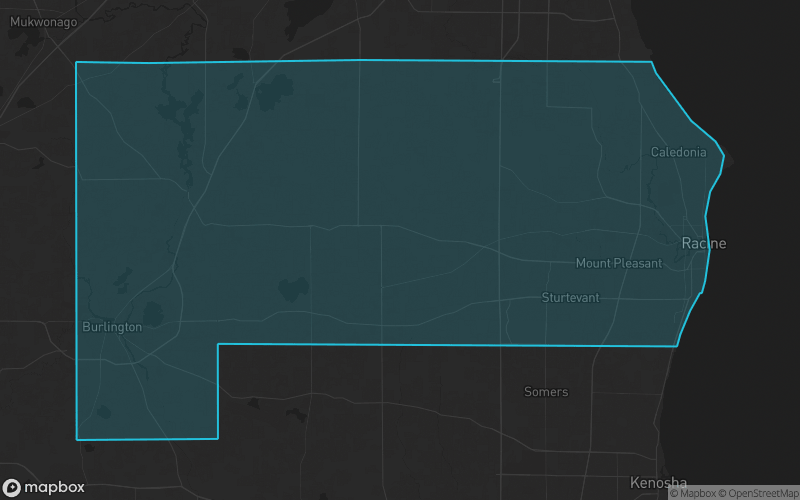 Map of Racine County, Wisconsin showing the county boundary and surrounding cities