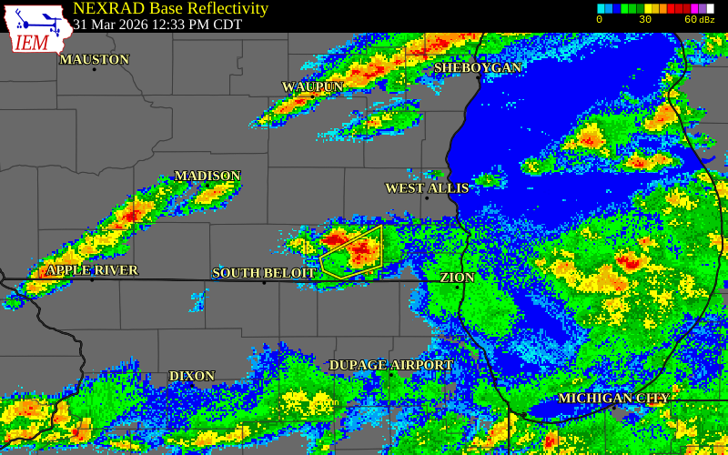 NEXRAD radar during the Tuesday, March 31, 2026 storm activity in Racine County, Wisconsin