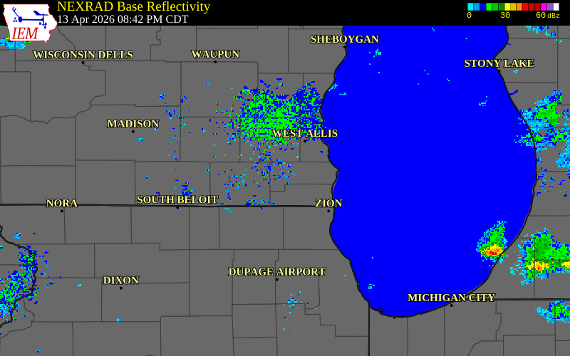 NEXRAD radar during the Monday, April 13, 2026 storm activity in Racine County, Wisconsin