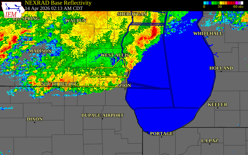 NEXRAD radar during the Tuesday, April 14, 2026 storm activity in Racine County, Wisconsin