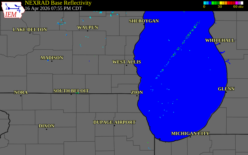 NEXRAD radar during the Thursday, April 16, 2026 storm activity in Racine County, Wisconsin
