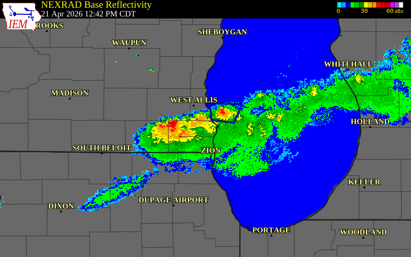 NEXRAD radar during the Tuesday, April 21, 2026 storm activity in Racine County, Wisconsin