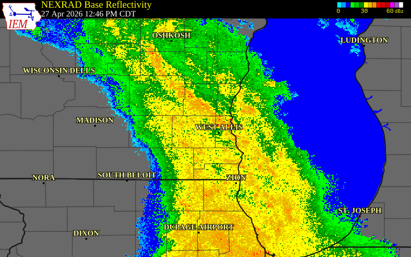 NEXRAD radar during the Monday, April 27, 2026 storm activity in Racine County, Wisconsin