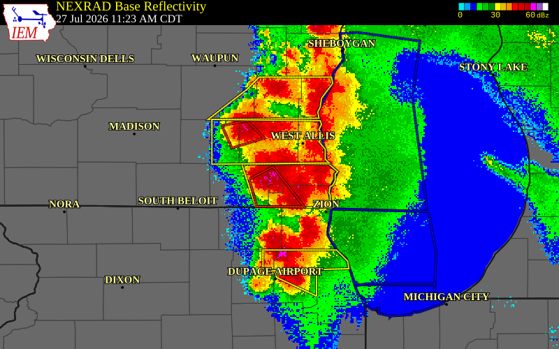 NEXRAD radar during the Monday, July 27, 2026 storm activity in Racine County, Wisconsin