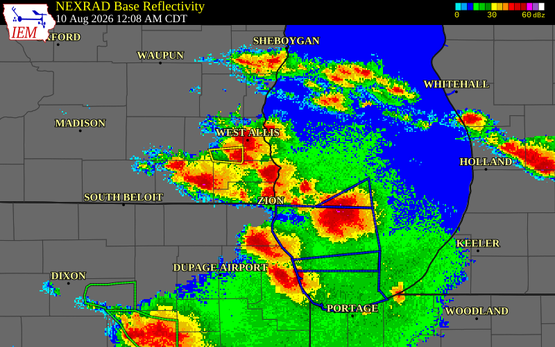 NEXRAD radar during the Monday, August 10, 2026 storm activity in Racine County, Wisconsin