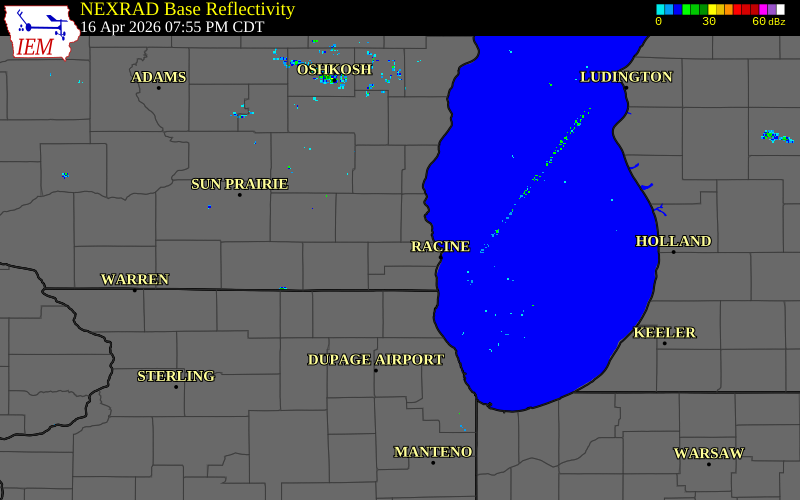 Radar snapshot during the Apr 16, 2026 tornado event near 5 ESE Wind Lake, Racine County, Wisconsin, with NWS warning polygons